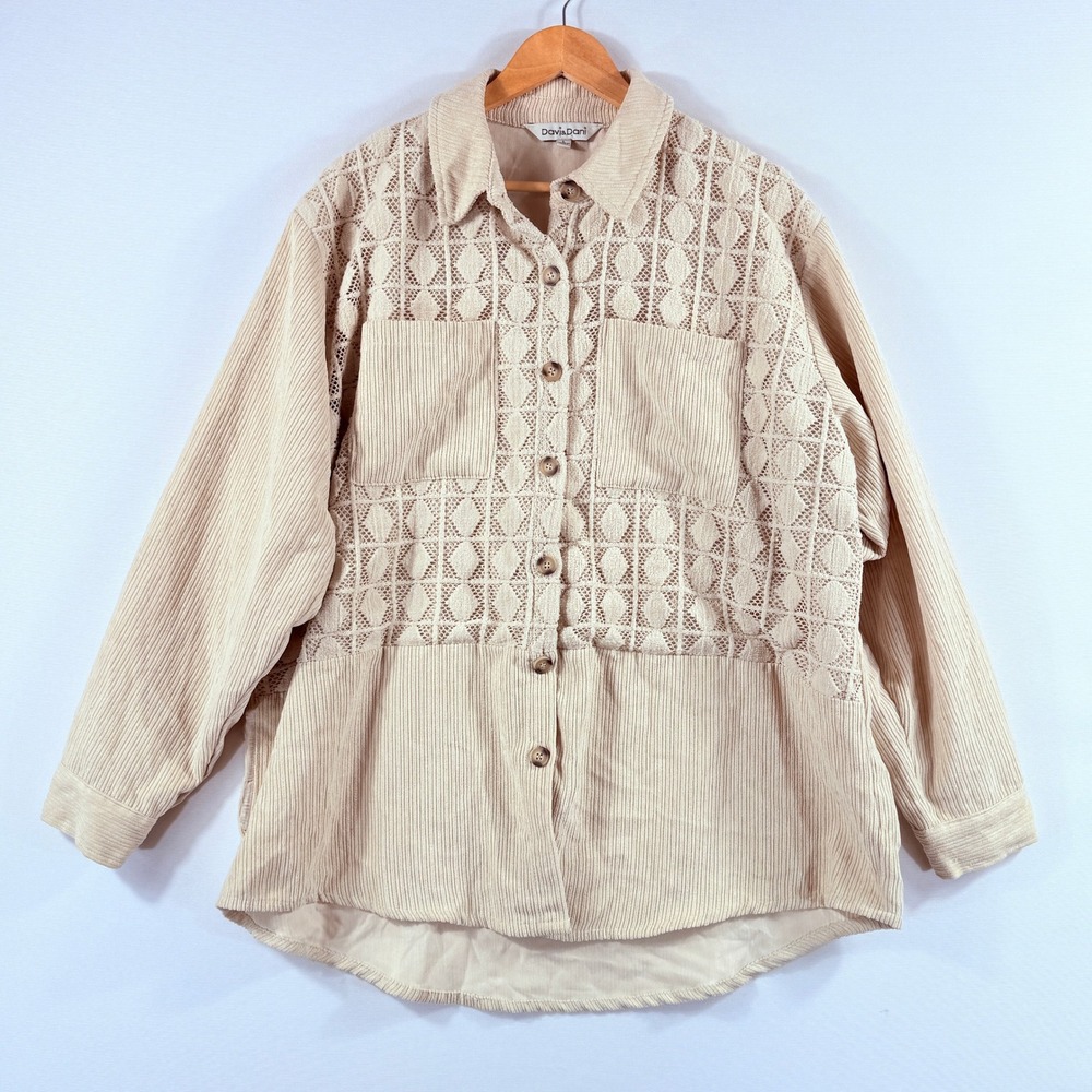 Davi & Dani Corduroy Shirt Shacket Womens Large Cream Crochet Corduroy Cottage